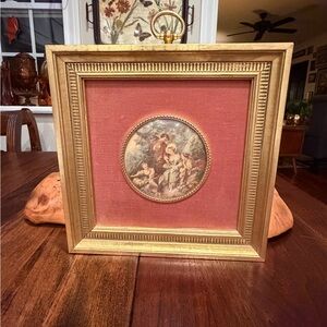 Vintage B & S Creations Gold Gilt Framed “Courting Couple” peach velvet matting.
